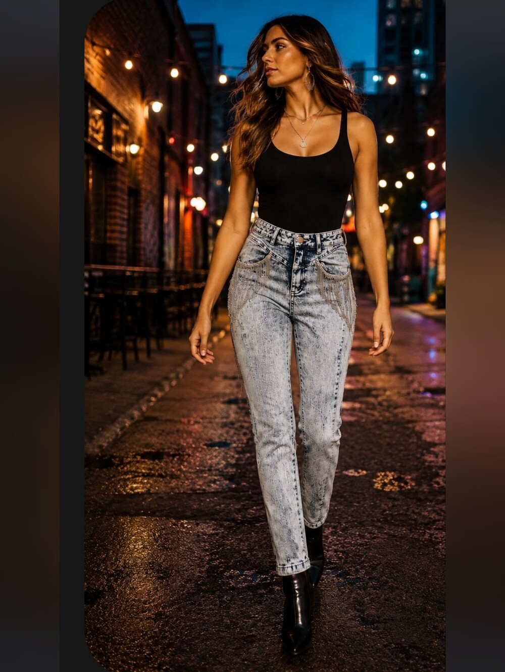 Mebon Acid Wash Rhinestone Chain Fringe Jeans Women’s M Y2K